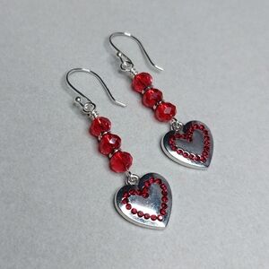 Red Glass Crystal Silver Rhinestone Heart Charm Dangle Earrings